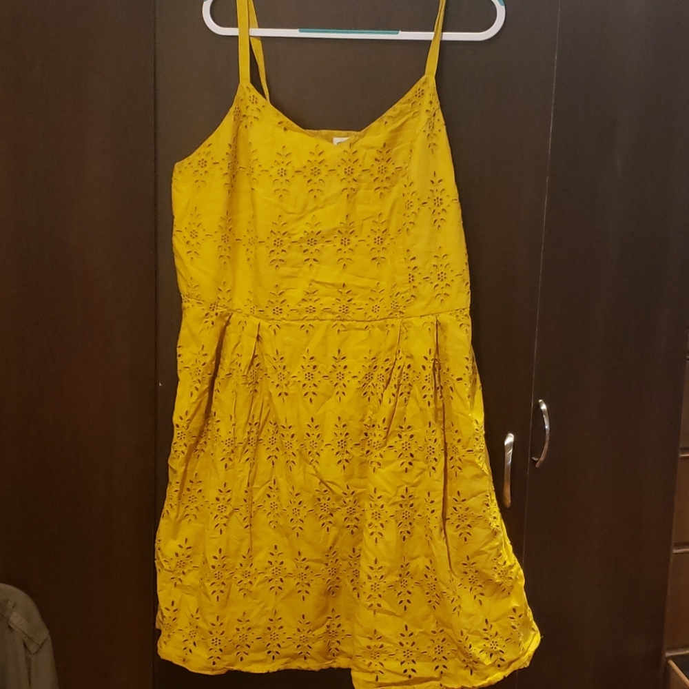 yellow eyelet detail midi dress